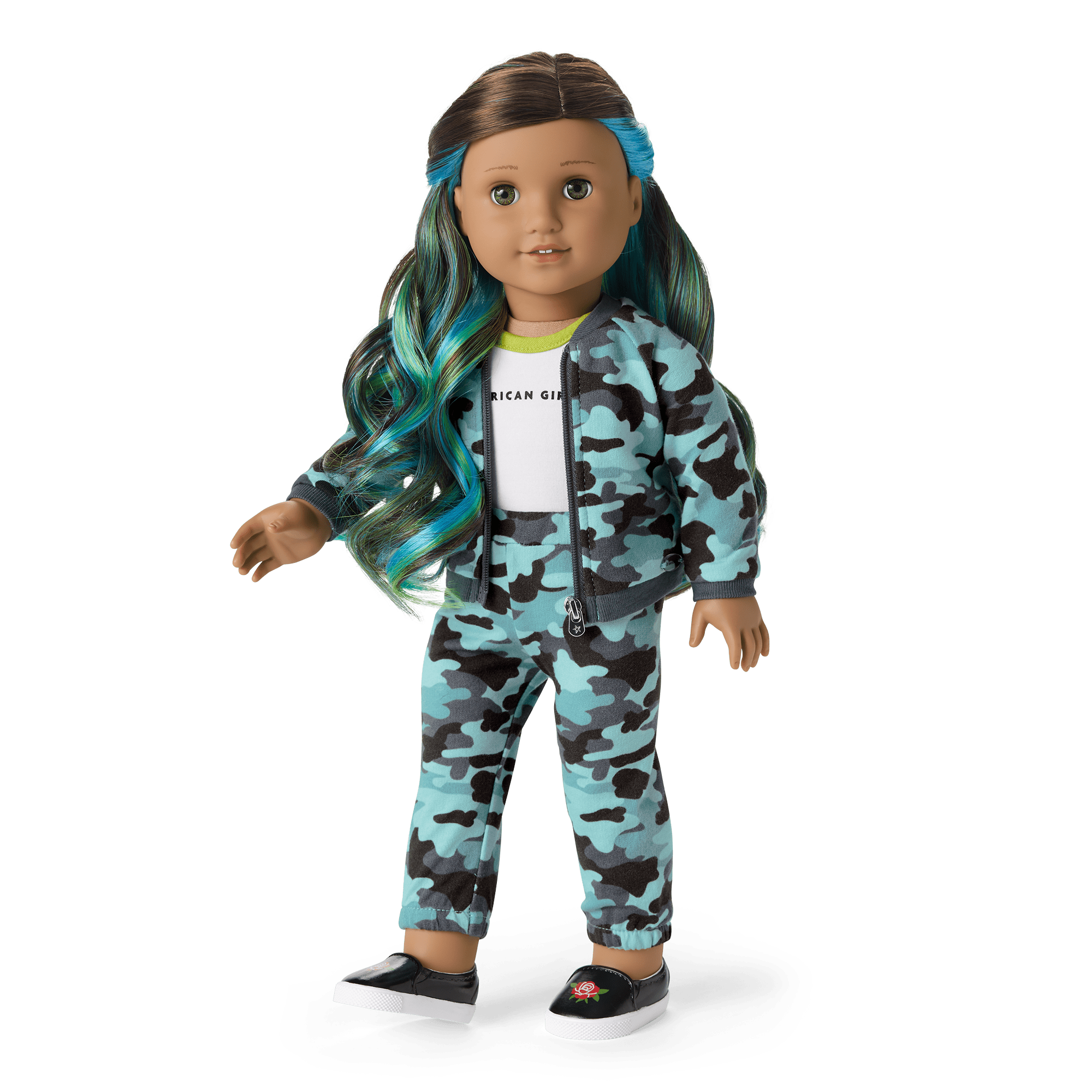 American Girl Truly Me Doll 89 Cool Camo with Book, Hazel Eyes, Dark Brown Hair with Blue & Green Highlights